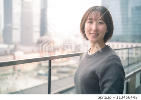 東京の景色を眺める女性 113456445
