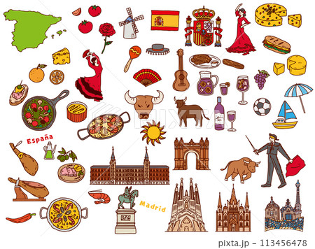 スペインの手書きイラスト(パエリア、アヒージョ、ヨーロッパ、旅行、文化、観光) 113456478