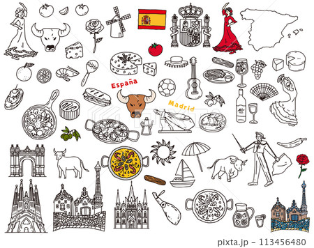 スペインの手書きイラスト(パエリア、アヒージョ、ヨーロッパ、旅行、文化、観光) 113456480
