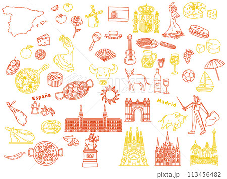 スペインの手書きイラスト(パエリア、アヒージョ、ヨーロッパ、旅行、文化、観光) 113456482
