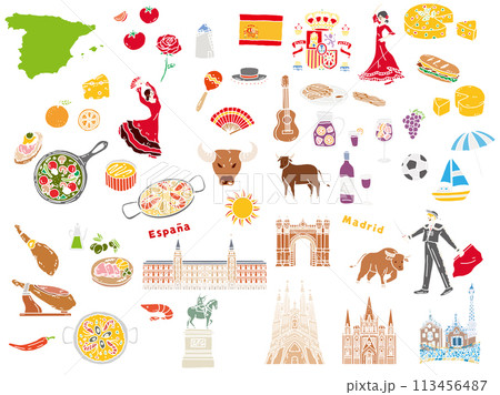 スペインの手書きイラスト(パエリア、アヒージョ、ヨーロッパ、旅行、文化、観光) スペインの手書きイラスト(パエリア、アヒージョ、ヨーロッパ、旅行、文化、観光) 113456487