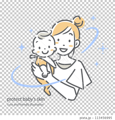 嬰兒皮膚護理 媽媽抱著嬰兒 簡單可愛的線條描插畫 113456995