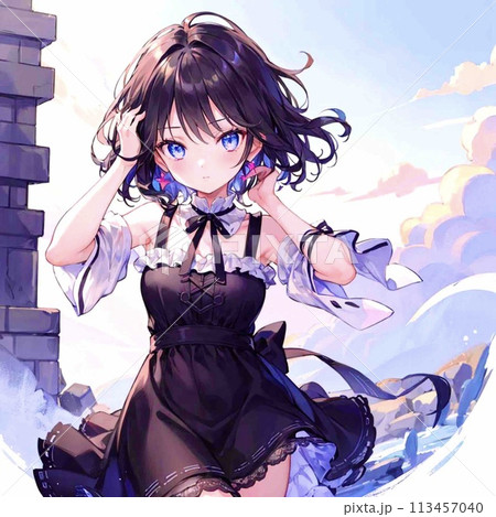 美少女イラスト 黒髪 ショートヘアーのイラスト素材 [113457040