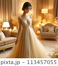 ウェディングドレスを着た若い女性 113457055