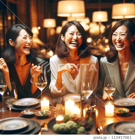 飲み会で楽しく乾杯をする女性 113457061