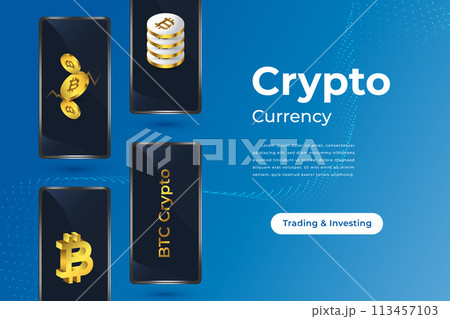 Bitcoin Cryptocurrency with Smartphone Isolated on Blue Background. Bitcoin Crytpo on Mobile. Digital Money Vector Illustration 113457103