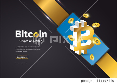 Golden Bitcoin Come Out From Smartphone Isolated on Black Background. Bitcoin Crypto on Mobile Golden Bitcoin Come Out From Smartphone Isolated on Black Background. Bitcoin Crypto on Mobile 113457110