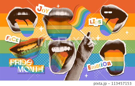 Pride month halftone collage elements set in contemporary punk grunge style. Concept of lgbt, pride, love, equality, diversity. Modern dotted mouth with sticking out tongues in colors of flags. Vector 113457153