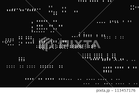 Glitch texture. Digital white distortions. Broken television signal. Random white pixels. Abstract mosaic design. Video disintegration template. Vector illustration 113457176