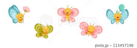 Funny Butterfly Character Flying with Wing and Smiling Face Vector Set 113457196