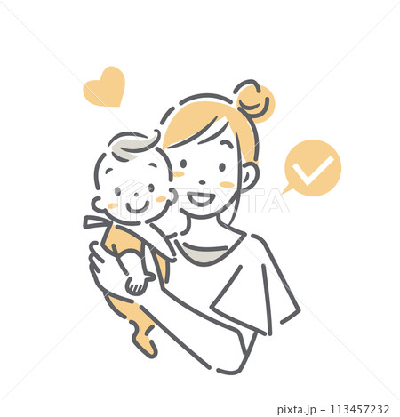赤ちゃんを抱きあげた笑顔のお母さん　シンプルでお洒落な線画イラスト 113457232