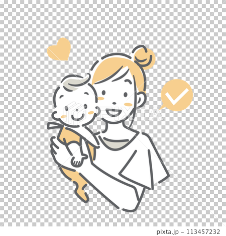 赤ちゃんを抱きあげた笑顔のお母さん　シンプルでお洒落な線画イラスト 113457232
