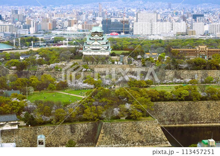 空から眺める大阪城鳥瞰図 桜の季節 生駒山系 春の青空に映える満開の桜 空から眺める大阪城鳥瞰図 桜の季節 生駒山系 春の青空に映える満開の桜 113457251