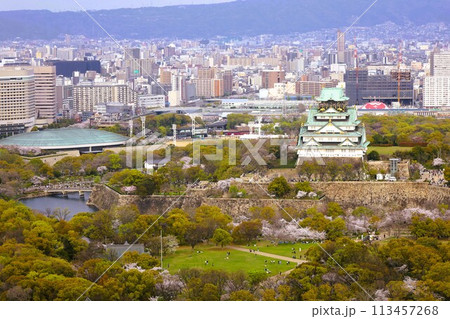 空から眺める大阪城鳥瞰図　桜の季節　生駒山系　春の青空に映える満開の桜 113457268