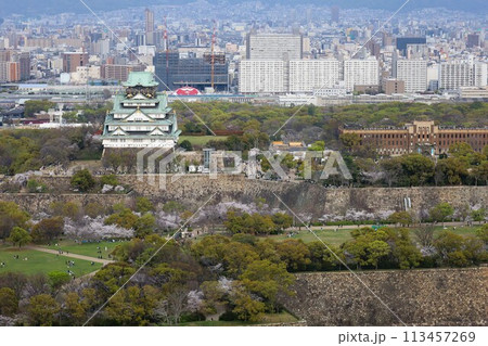 空から眺める大阪城鳥瞰図　桜の季節　生駒山系　春の青空に映える満開の桜 113457269