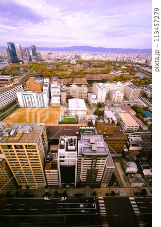 空から眺める大阪城鳥瞰図 桜の季節 生駒山系 春の青空に映える満開の桜 空から眺める大阪城鳥瞰図 桜の季節 生駒山系 春の青空に映える満開の桜 113457279