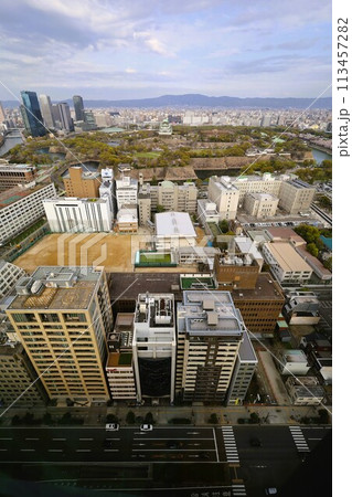 空から眺める大阪城鳥瞰図 桜の季節 生駒山系 春の青空に映える満開の桜 空から眺める大阪城鳥瞰図 桜の季節 生駒山系 春の青空に映える満開の桜 113457282