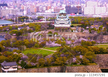 空から眺める大阪城鳥瞰図　桜の季節　生駒山系　春の青空に映える満開の桜 113457291