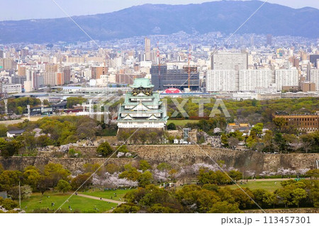 空から眺める大阪城鳥瞰図　桜の季節　生駒山系　春の青空に映える満開の桜 113457301