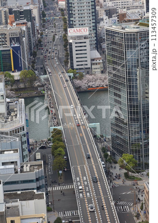 空から眺める大阪城鳥瞰図 桜の季節 生駒山系 春の青空に映える満開の桜 空から眺める大阪城鳥瞰図 桜の季節 生駒山系 春の青空に映える満開の桜 113457309