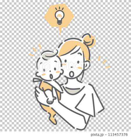 一位抱著嬰兒的母親對這些訊息感到驚訝。簡單時尚的線條畫插圖。 113457376