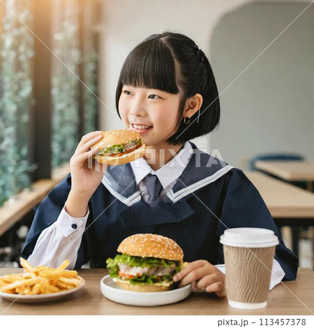 ハンバーガーをもって景色を眺める女の子 113457378