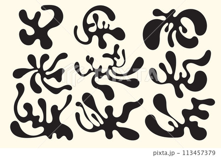 Random shapes set. Organic black blobs of irregular shape. Abstract blotch, inkblot and pebble silhouettes, simple liquid amorphous splodge elements forms minimal groovy bubble vector collection. 113457379