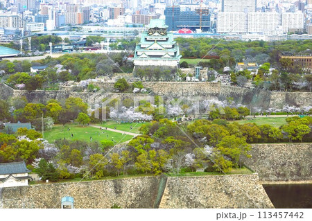 空から眺める大阪城鳥瞰図 桜の季節 生駒山系 春の青空に映える満開の桜 空から眺める大阪城鳥瞰図 桜の季節 生駒山系 春の青空に映える満開の桜 113457442