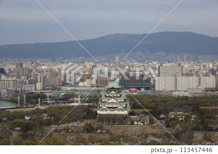 空から眺める大阪城鳥瞰図　桜の季節　生駒山系　春の青空に映える満開の桜 113457446
