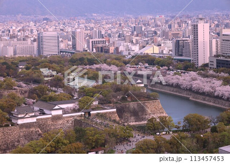 空から眺める大阪城鳥瞰図 桜の季節 生駒山系 春の青空に映える満開の桜 空から眺める大阪城鳥瞰図 桜の季節 生駒山系 春の青空に映える満開の桜 113457453