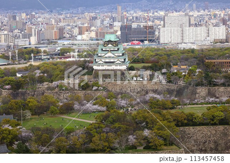 空から眺める大阪城鳥瞰図 桜の季節 生駒山系 春の青空に映える満開の桜 空から眺める大阪城鳥瞰図 桜の季節 生駒山系 春の青空に映える満開の桜 113457458