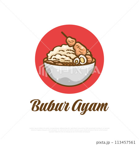 Bubur Ayam or Rice Porridge with Shredded Chicken, Eggs, and Meatballs. Asian Food Illustration 113457561