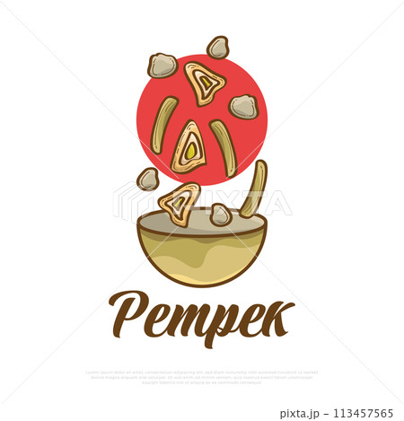 Illustration of Pempek Falling into the Bowl, Indonesian Traditional Food. Traditional Cuisine from Palembang Named Empek-Empek 113457565