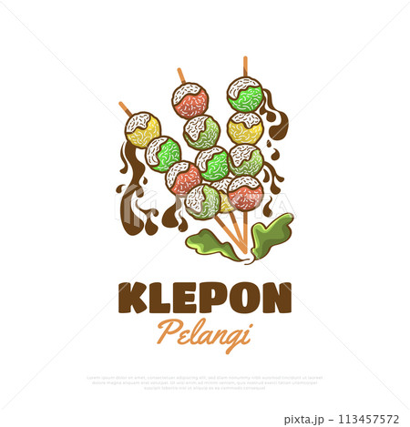 Klepon Pelangi, Indonesian Traditional Food or Snacks. Hand Drawn Vector Illustration 113457572