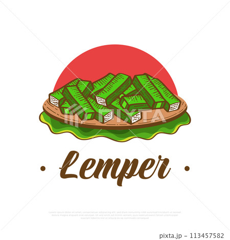 Hand Drawn Indonesian Traditional Food Named Lemper. Sticky Rice Filled with Chicken, Wrapped in Banana Leaves Hand Drawn Indonesian Traditional Food Named Lemper. Sticky Rice Filled with Chicken, Wrapped in Banana Leaves 113457582