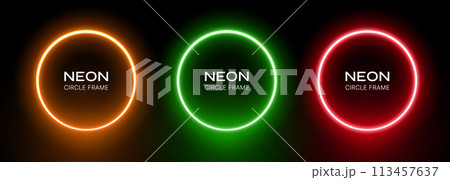 Neon round gradient. Ring frame with glow on a black background. Green, red and orange laser led circles. Set of illuminating geometric electrical spheres. Neon round gradient. Ring frame with glow on a black background. Green, red and orange laser led circles. Set of illuminating geometric electrical spheres. 113457637