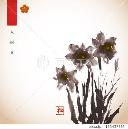 Daffodils painted with expressive brush strokes. Traditional oriental ink painting sumi-e, u-sin, go-hua.Hieroglyphs - eternity, freedom, happiness, zen 113457885