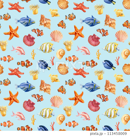 Seamless pattern with fish, seashells and starfish. Marine background. Watercolor illustration for wrapping, sea textile Seamless pattern with fish, seashells and starfish. Marine background. Watercolor illustration for wrapping, sea textile 113458009