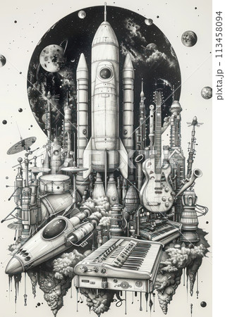 Illustrate a pen and ink drawing combining musical instruments and rocket ships in a surreal composition, adding glitch art elements to convey a sense of futuristic wonder Illustrate a pen and ink drawing combining musical instruments and rocket ships in a surreal composition, adding glitch art elements to convey a sense of futuristic wonder 113458094