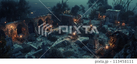 Delve into a top-down view of a desolate graveyard at twilight, a haunting sight awaiting exploration 113458111