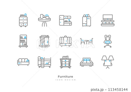Set of Furniture Icons with Simple Line Style. Home Interior Elements, Containing Kitchen, Bookshelf, Bed, Lamp, Refrigerator, and More 113458144