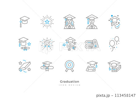 Graduation Icon Collection with Simple and Minimalist Line Style. Contains Graduation Cap, Toga, Scroll, Certificate, Book, Medal, and More 113458147