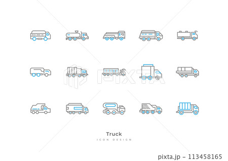 Truck Icon Set with Various Shapes in Line Style. Contains Tanker Truck, Van, Trailer and More 113458165