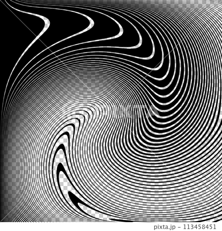 Vortex Whirl Movement Design. Wavy Lines Halftone Op Art Pattern. 3D Illusion. Abstract Textured Black and White Background. Vector Illustration. Vortex Whirl Movement Design. Wavy Lines Halftone Op Art Pattern. 3D Illusion. Abstract Textured Black and White Background. Vector Illustration. 113458451