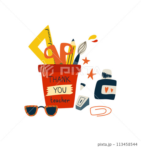 Thank you teacher greeting card with stationery supplies. Cute vector kids school elements. 113458544