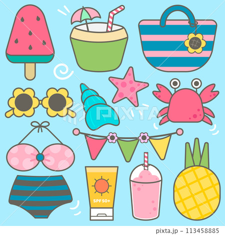 Kids hand drawn kawaii summer cute elements set vector illustration Kids hand drawn kawaii summer cute elements set vector illustration 113458885