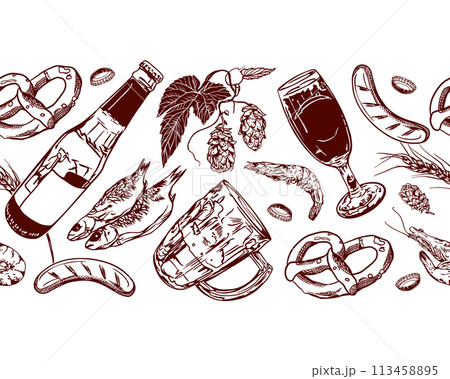 Beer glass, mug, bottle, hops, shrimp, fish, pretzel, wheat. Seamless border. Vector illustration for labels, banners, menu, festival invitation. 113458895