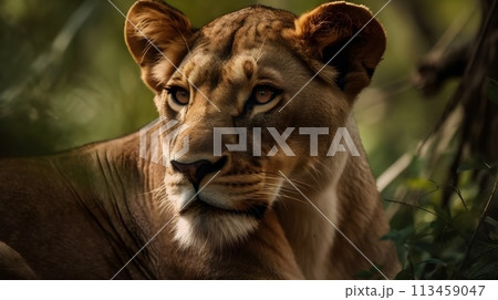 Close up portrait from side face ferocious carnivore female lion, stare or looking straight forward at the savannah desert background. Close up portrait from side face ferocious carnivore female lion, stare or looking straight forward at the savannah desert background. 113459047