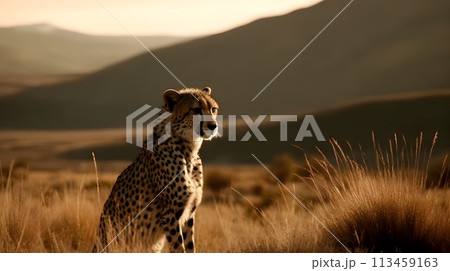 Ferocious carnivore leopard sit and stare straight forward at something at the savannah desert background. 113459163