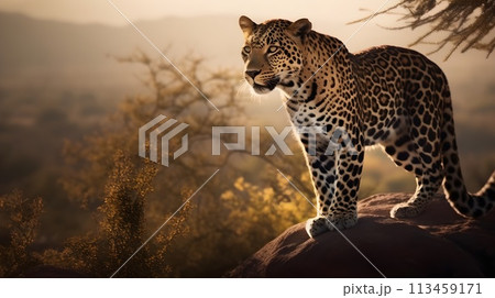 Ferocious carnivore leopard standing and stare straight forward at something at the high ground rocky stone hill with nature background. Ferocious carnivore leopard standing and stare straight forward at something at the high ground rocky stone hill with nature background. 113459171